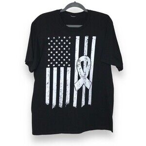 Lung Cancer Awareness American Flag White Ribbon Black T Shirt Mens Size Large